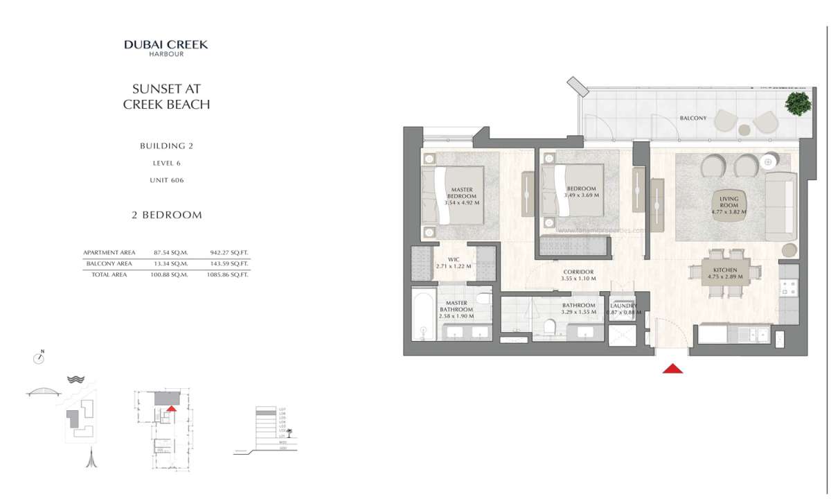 Building 2 - 2 Bedroom Level 6 Unit 606, Size 1085.86 sq ft